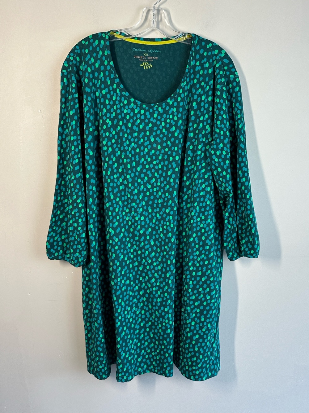 Gudrun Sjoden Modern Green Teal Polka Dot Long Sleeve Tunic Dress Size XXL Artsy